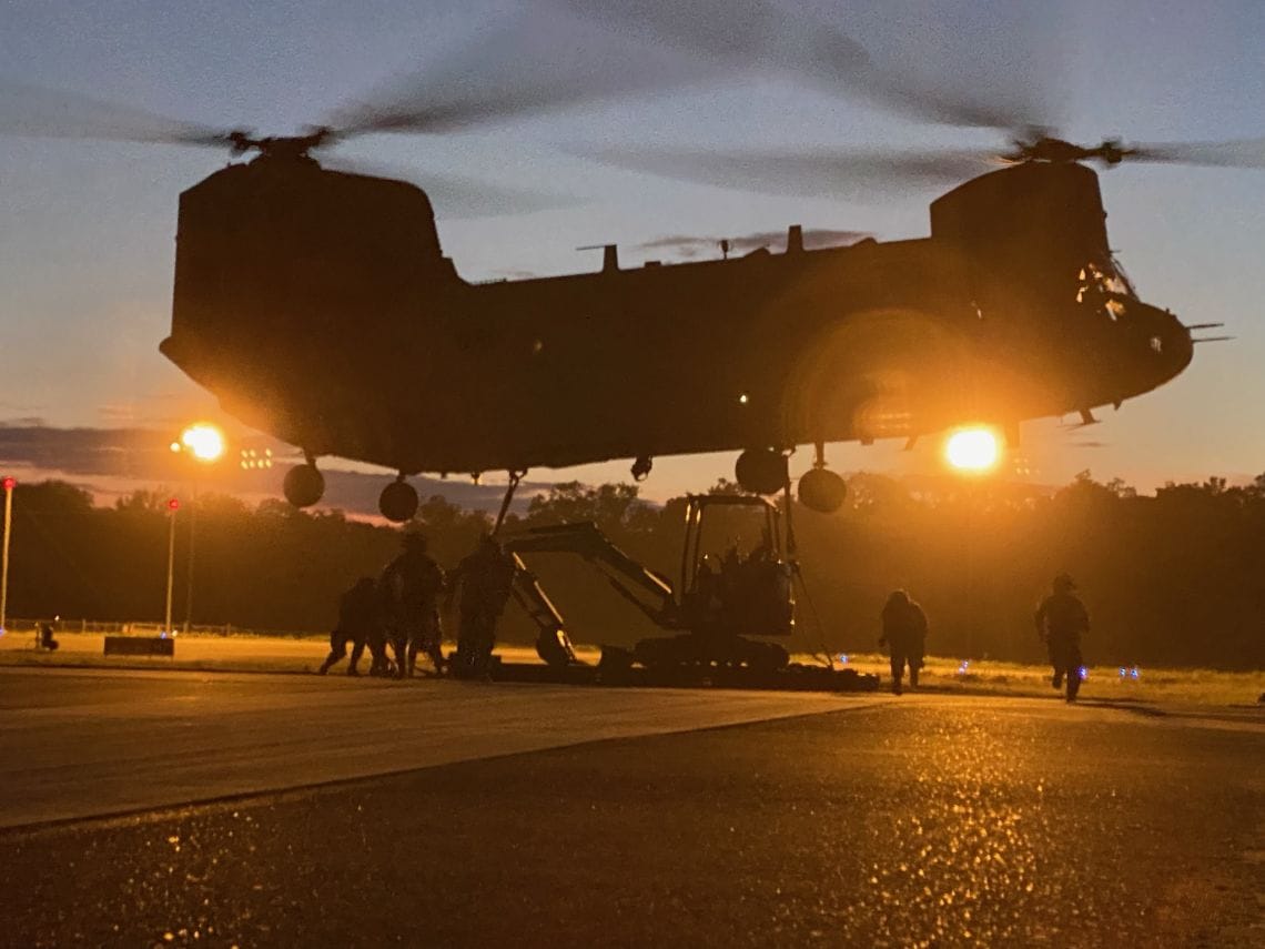 CH-47 Chinook helicopter conducting training operations at Fort Polk's Joint Readiness Training Center in Louisiana