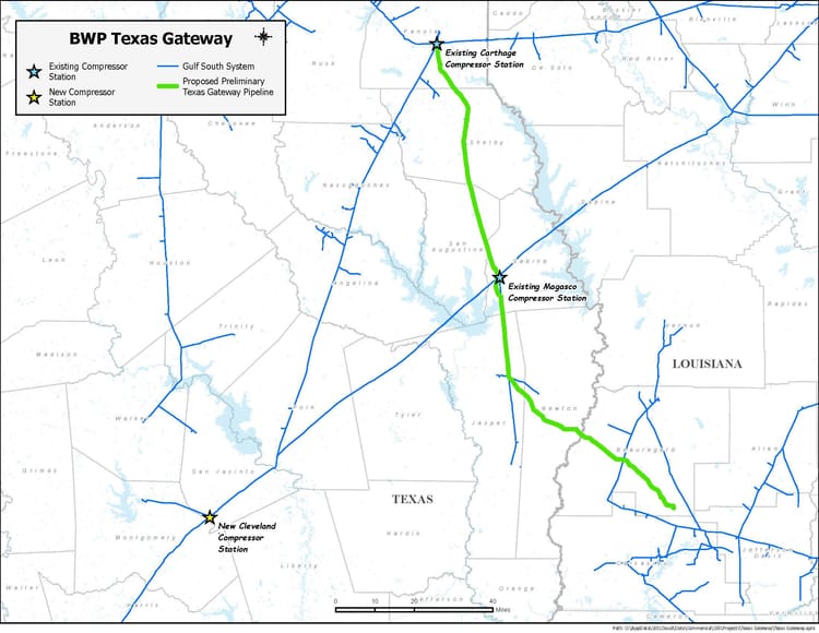 Map of the proposed Texas Gateway natural gas pipeline route from East Texas to Beauregard Parish, Louisiana.