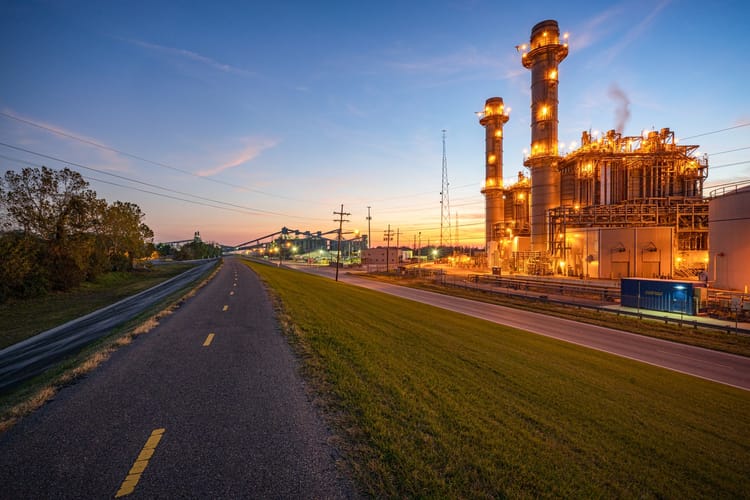 Entergy’s Ninemile 6 natural-gas power plant near Westwego, Louisiana, photographed at dusk in 2019.