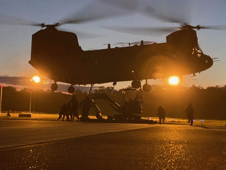 CH-47 Chinook helicopter conducting training operations at Fort Polk's Joint Readiness Training Center in Louisiana