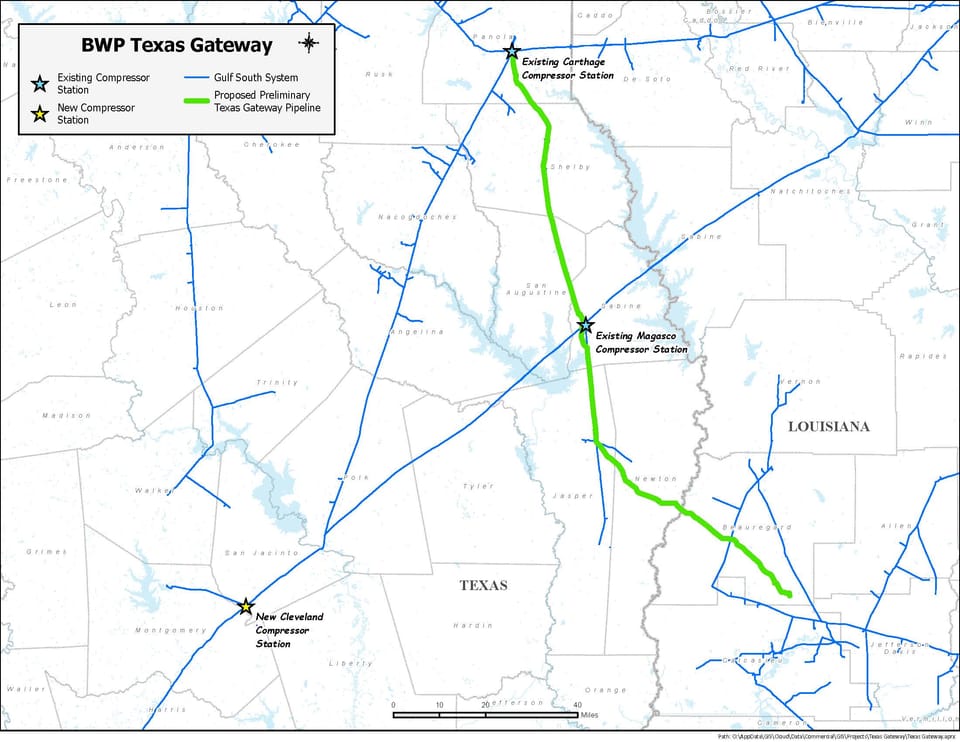 Map of the proposed Texas Gateway natural gas pipeline route from East Texas to Beauregard Parish, Louisiana.