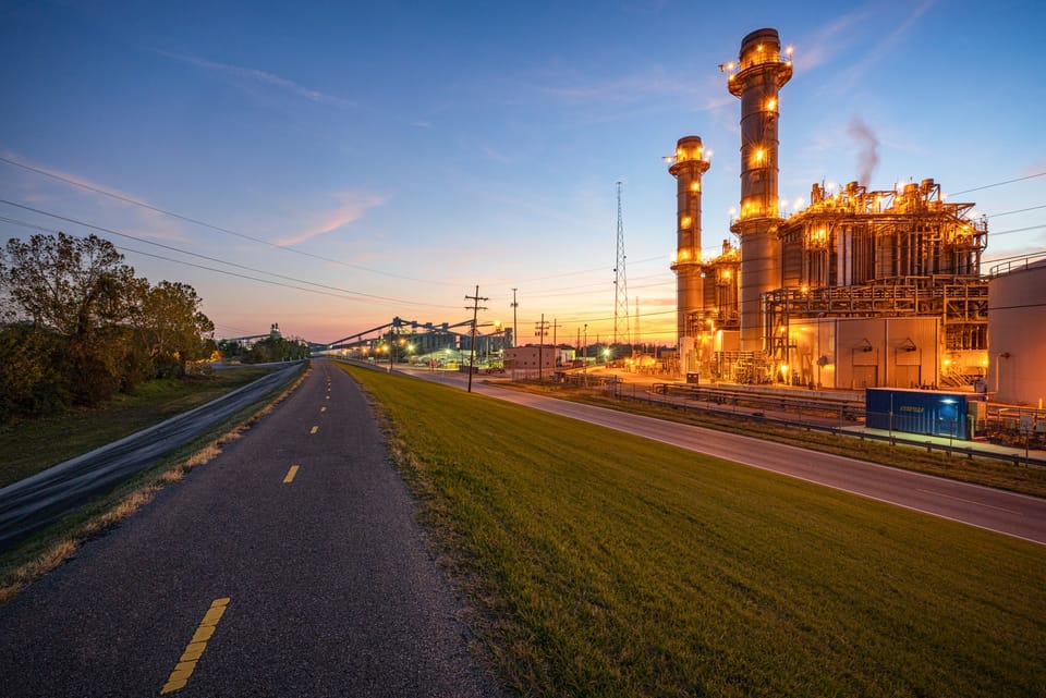 Entergy’s Ninemile 6 natural-gas power plant near Westwego, Louisiana, photographed at dusk in 2019.