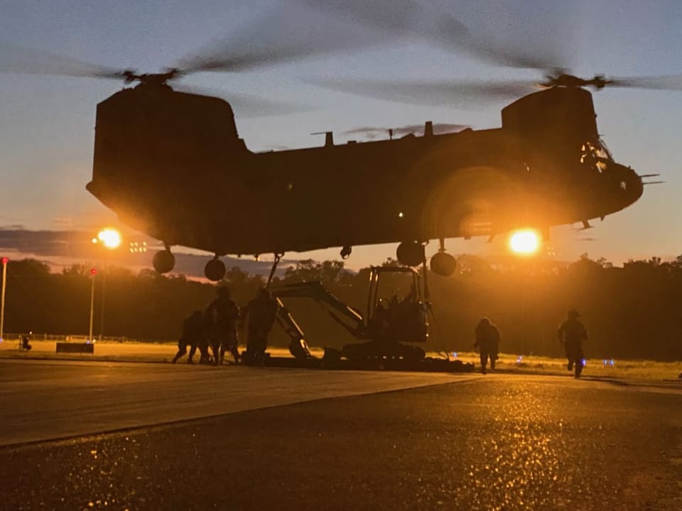 CH-47 Chinook helicopter conducting training operations at Fort Polk's Joint Readiness Training Center in Louisiana